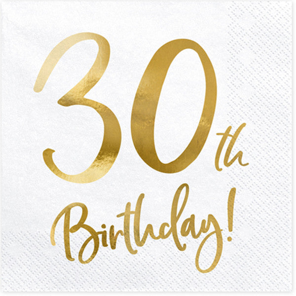White and Gold 30th Birthday <br> Paper Napkins (20)