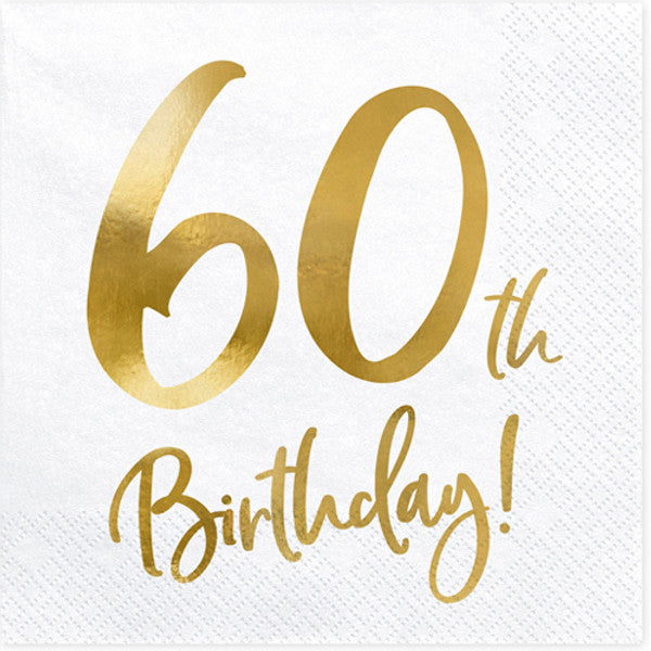 White and Gold 60th Birthday <br> Paper Napkins (20)