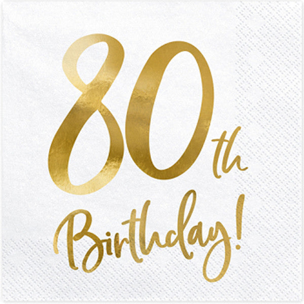 White and Gold 80th Birthday <br> Paper Napkins (20)