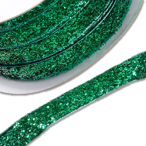 10m Spool of Green Velvet Glitter Ribbon (10mm wide)