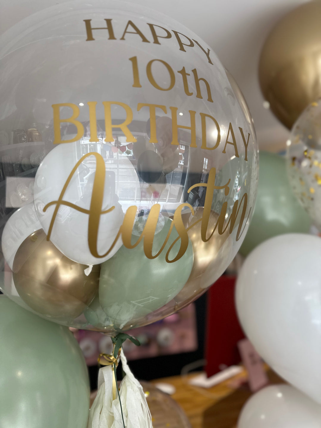 Chrome Gold and Sage Green Personalised Bubble Balloon