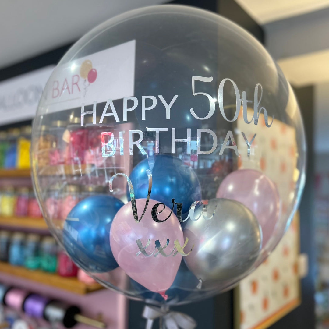 Chrome Blue, Silver and Pink Personalised Bubble Balloon
