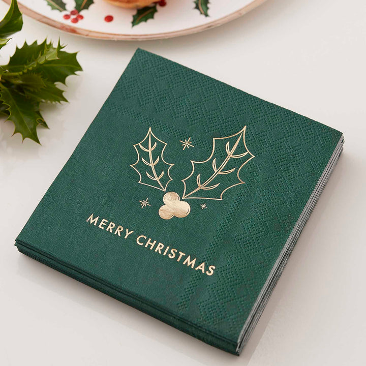 Green Gold Foiled Merry Christmas <br> Napkins (16)