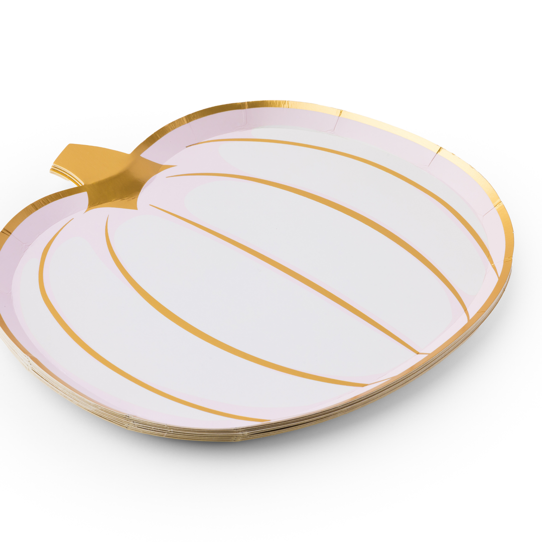 White pumpkin paper plates with gold foil detail