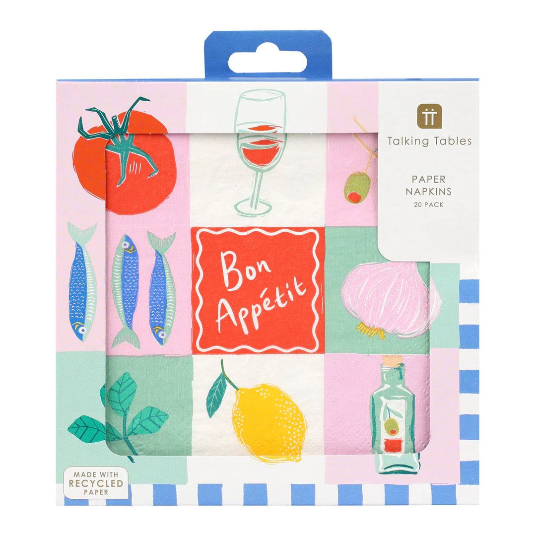 Pack of paper napkins with 'Bon Appetit' design and recycled paper label.