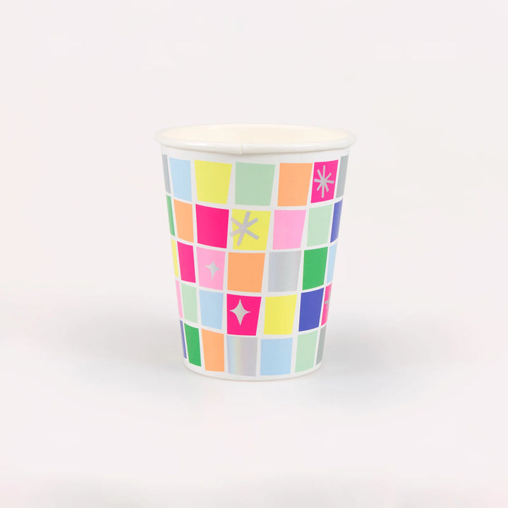 Disco Party Cups – Holographic Silver with Neon Detail (Pack of 8)