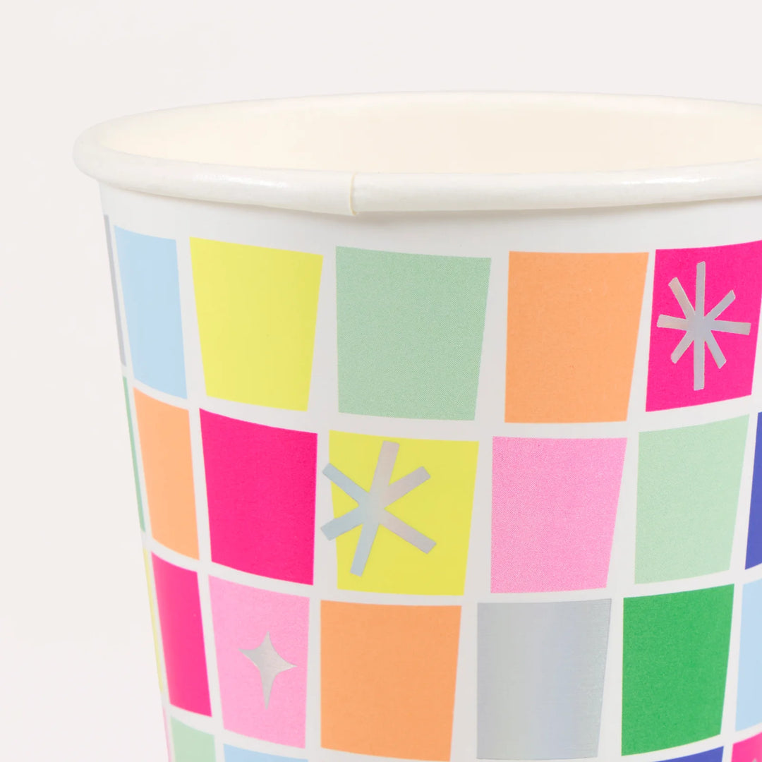 Disco Party Cups – Holographic Silver with Neon Detail (Pack of 8)