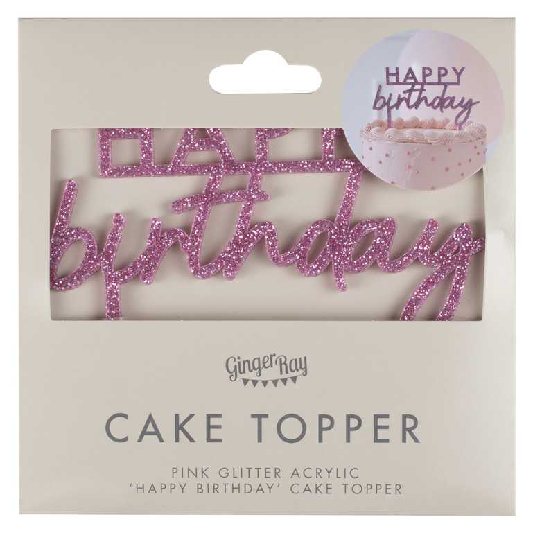 Pink Glitter Acrylic <br> Happy Birthday Cake Topper