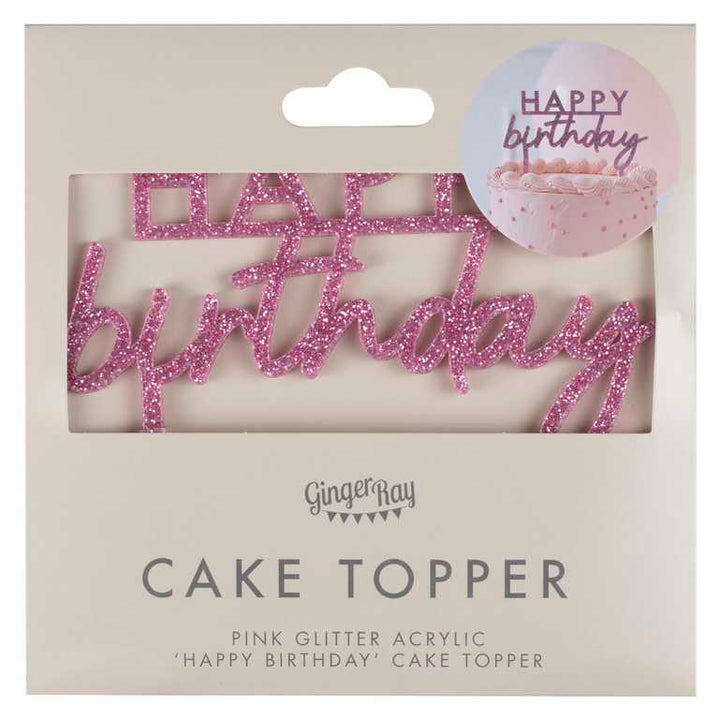 Pink Glitter Acrylic <br> Happy Birthday Cake Topper