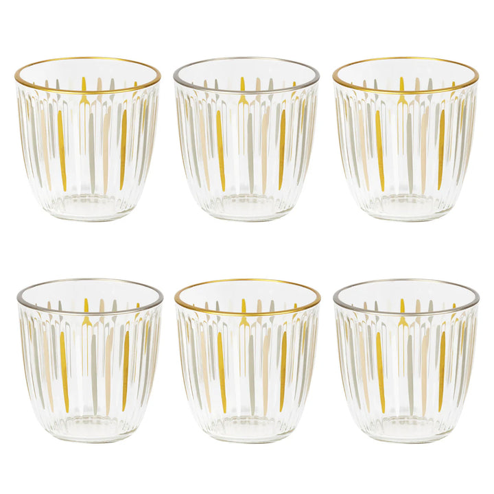 White and Gold Stripe Glass Tumblers <br> Set of 6