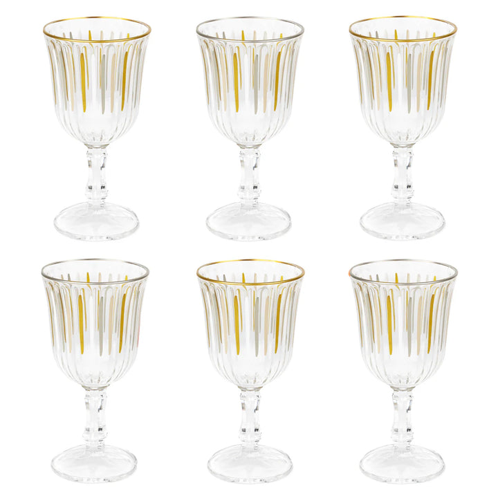 White and Gold Stripe Wine Glasses <br> Set of 6