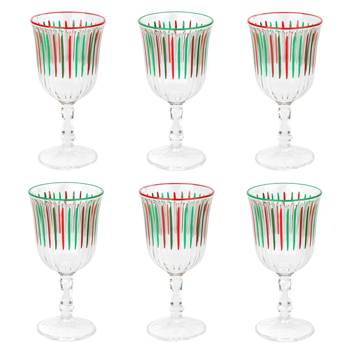 Red and Green Stripe Wine Glasses <br> Set of 6