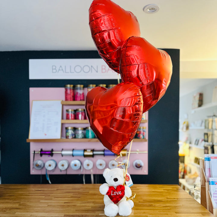 Barney Love Bear and <br> 3 Inflated Red Heart Balloons