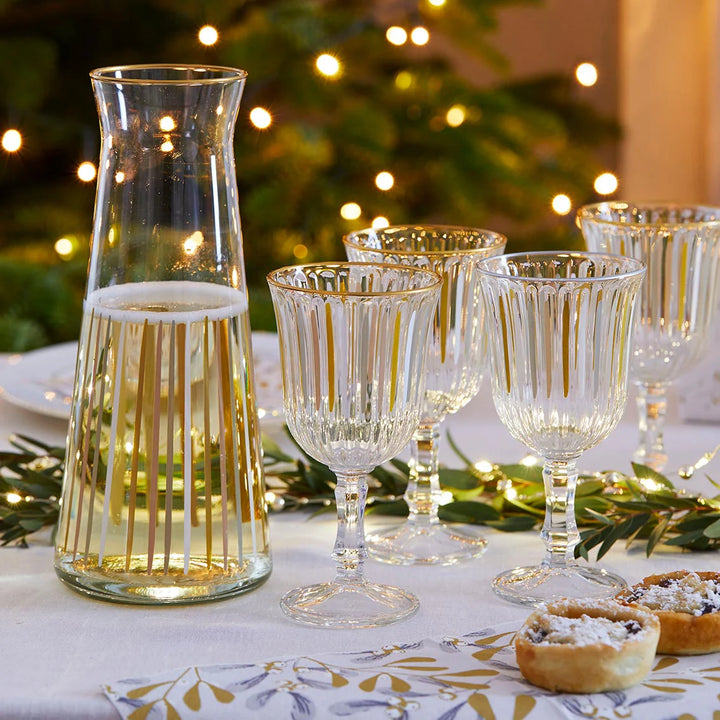 White and Gold Striped Glass Carafe