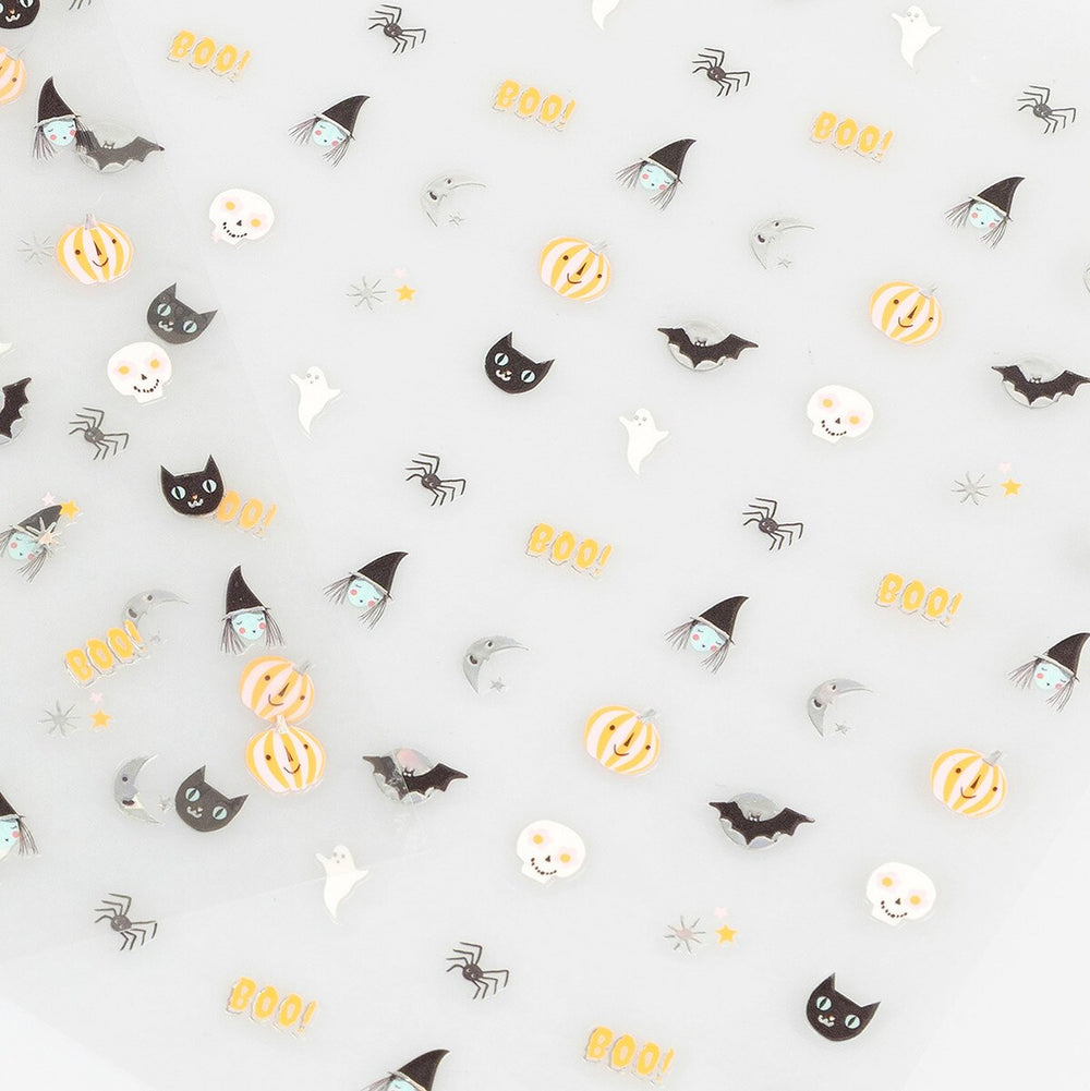 Halloween decorative nail stickers, including witches, black cats, spiders and pumpkins