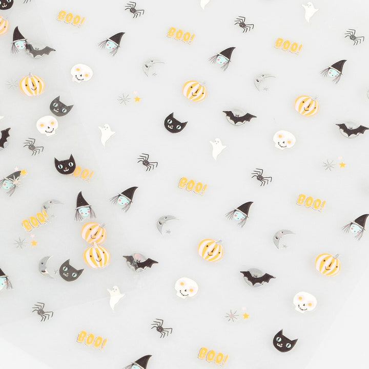 Halloween decorative nail stickers, including witches, black cats, spiders and pumpkins