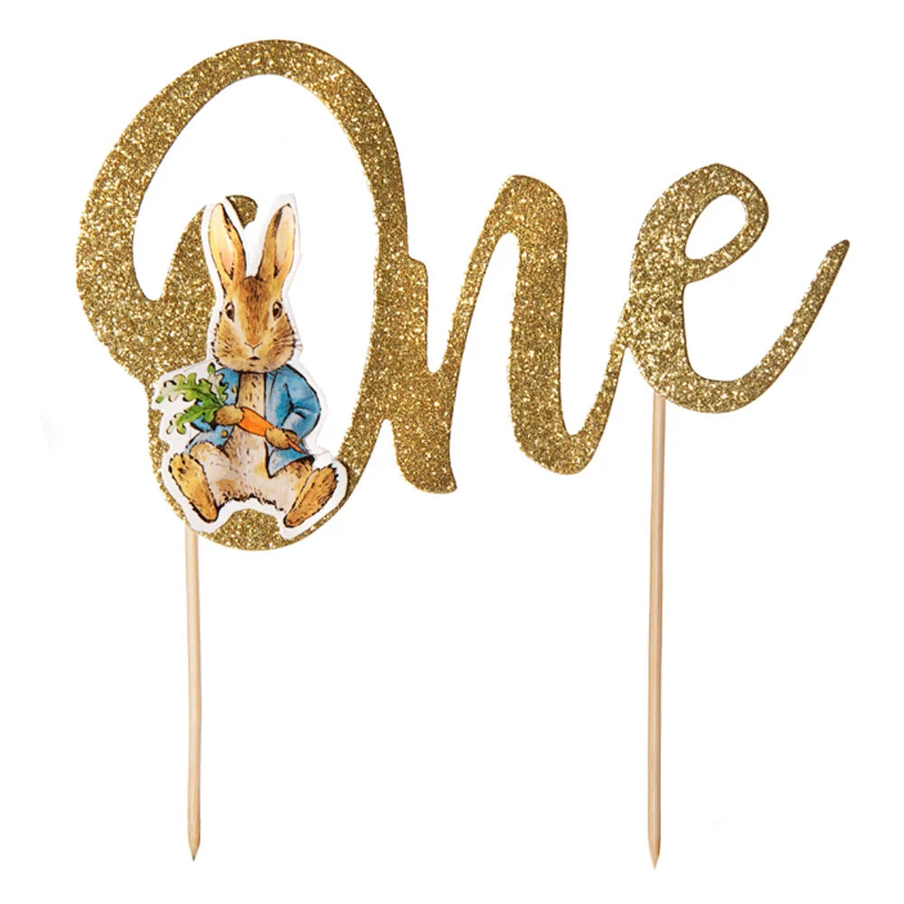 Peter Rabbit Gold Glitter ‘One’ First Birthday Cake Topper