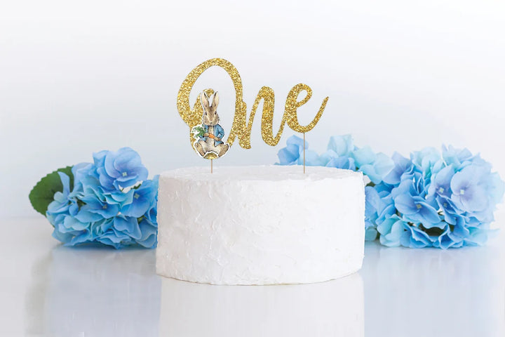 Peter Rabbit Gold Glitter ‘One’ First Birthday Cake Topper