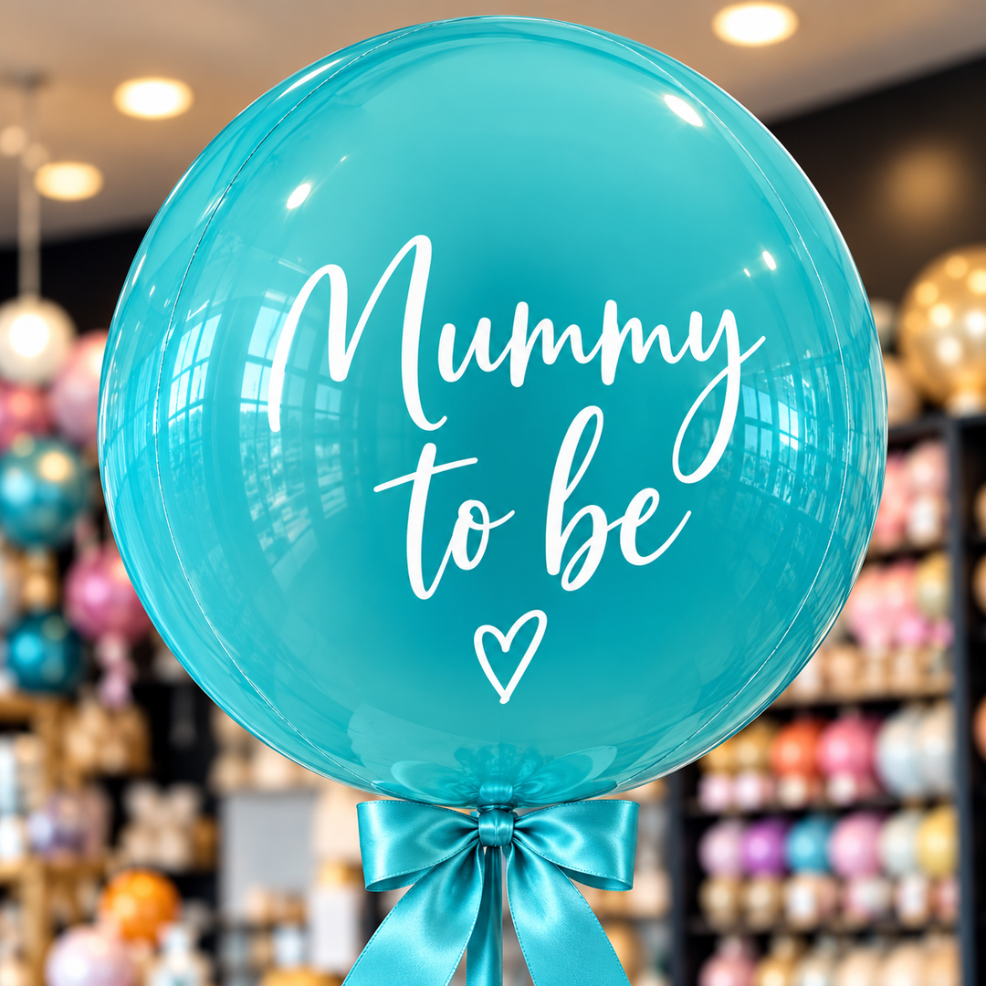 Vibrant Blue personalised orb balloon filled with helium and finished with a slk bow, available for collection from our studio in Cookham, Berkshire