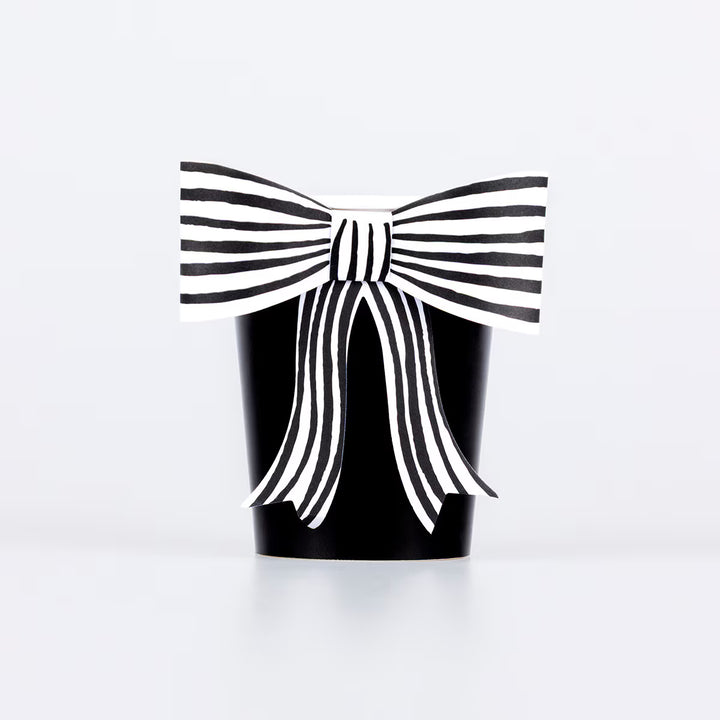 Chic Halloween Black Cups with 3D Striped Bows – Pack of 8