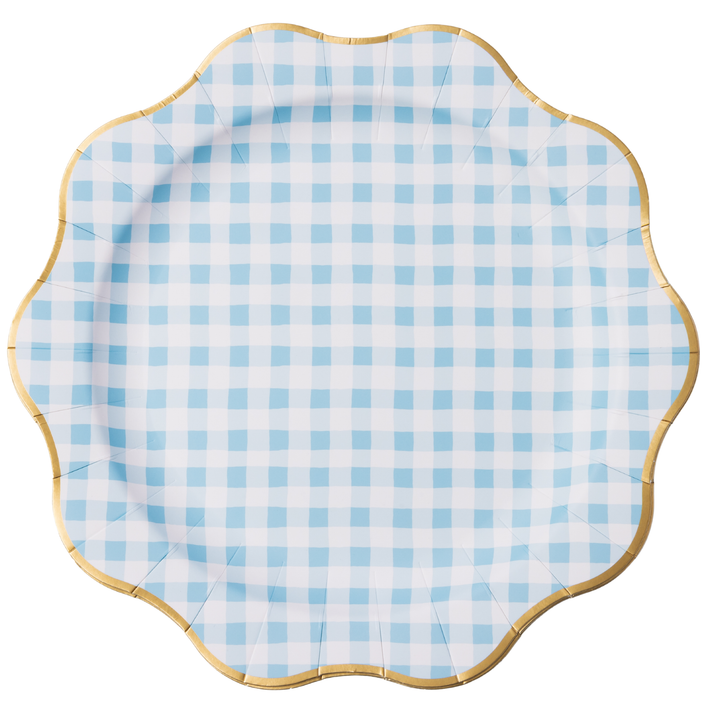 Sky blue gingham scalloped paper dinner plates with gold foil