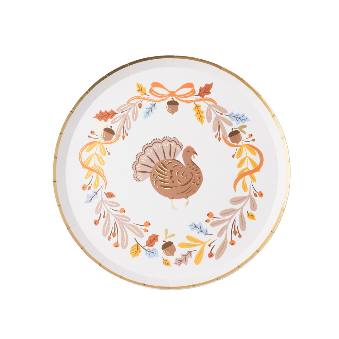 Thanksgiving turkey paper plates with autumn foliage and gold foil