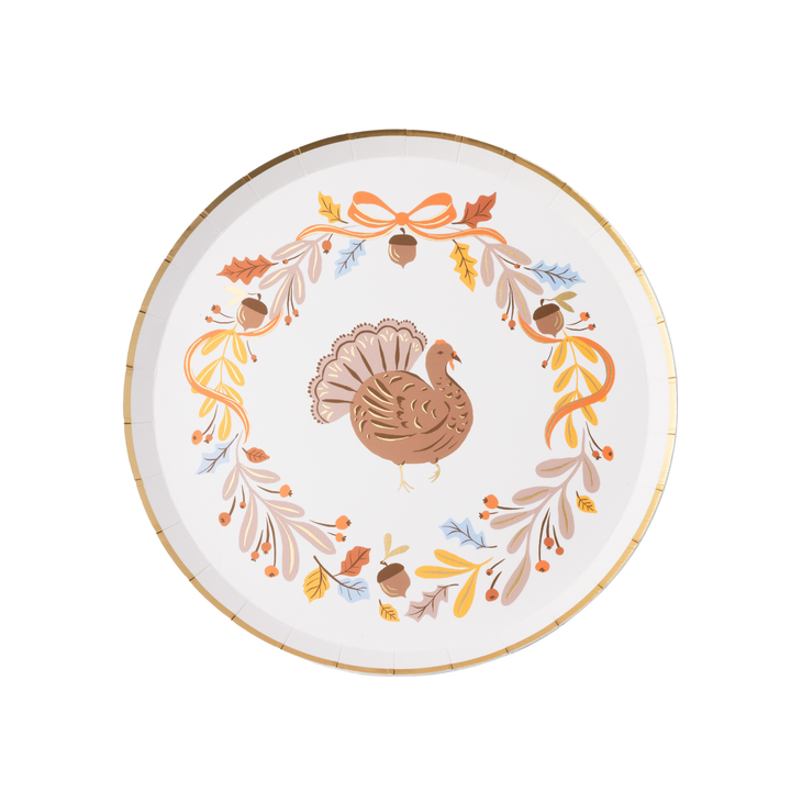 Thanksgiving turkey paper plates with autumn foliage and gold foil