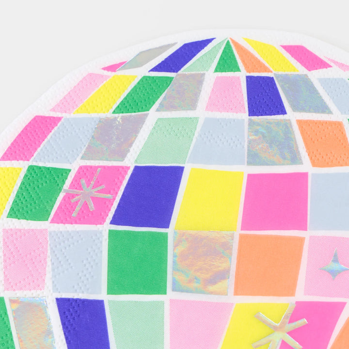 Disco Party Napkins – Holographic Silver with Neon Detail (Pack of 16)