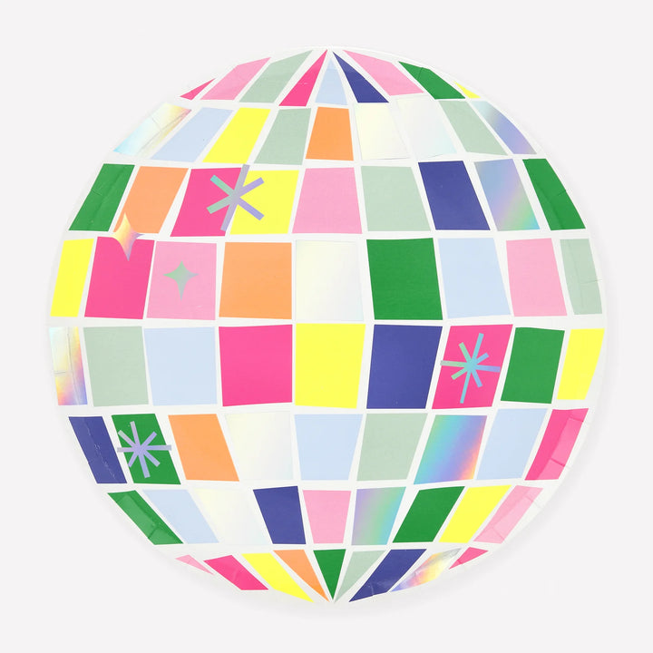 Disco Party Plates – Holographic Silver with Neon Detail (Pack of 8)