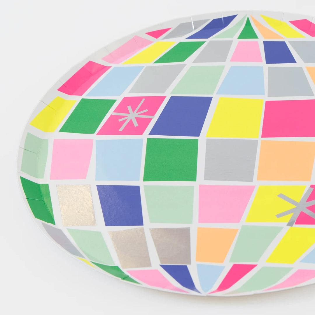 Disco Party Plates – Holographic Silver with Neon Detail (Pack of 8)