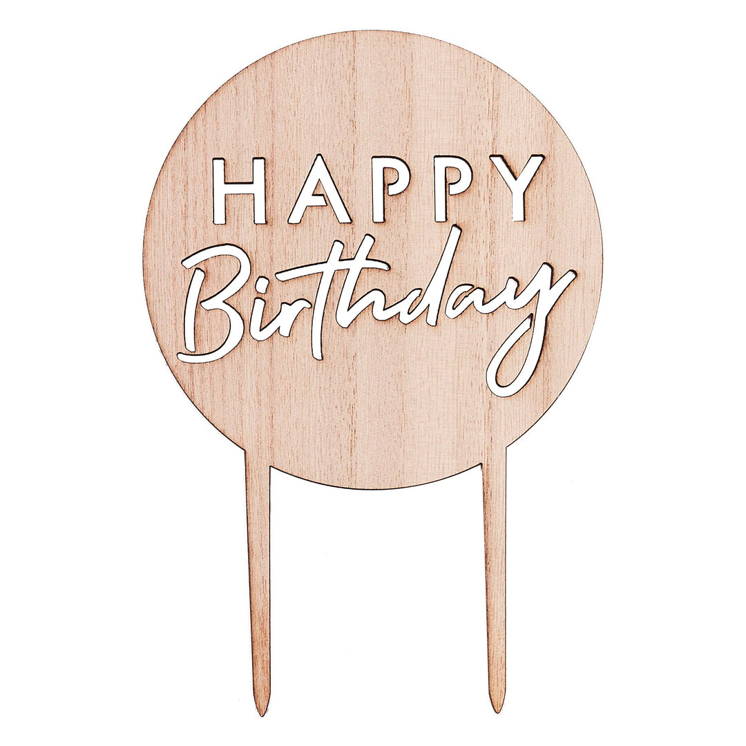 Wooden Happy Birthday cake topper in natural wood
