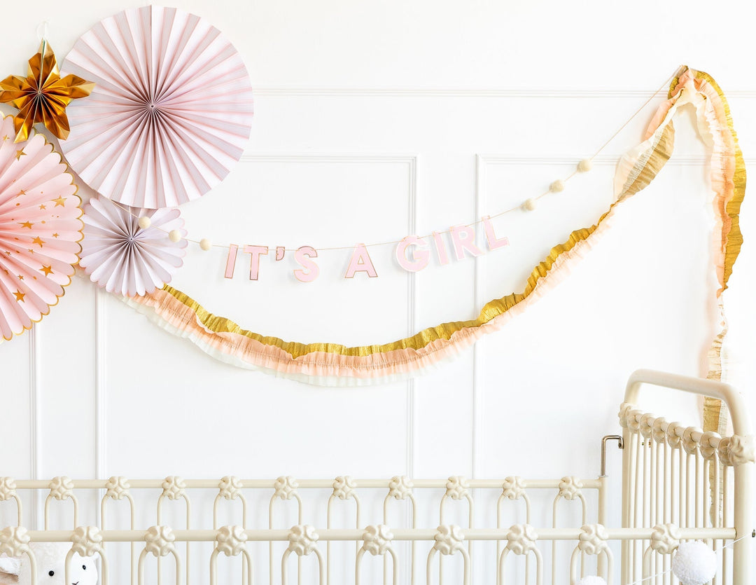 Baby Pink, Cream & Gold <br> Crepe Stitched Streamer - Sweet Maries Party Shop