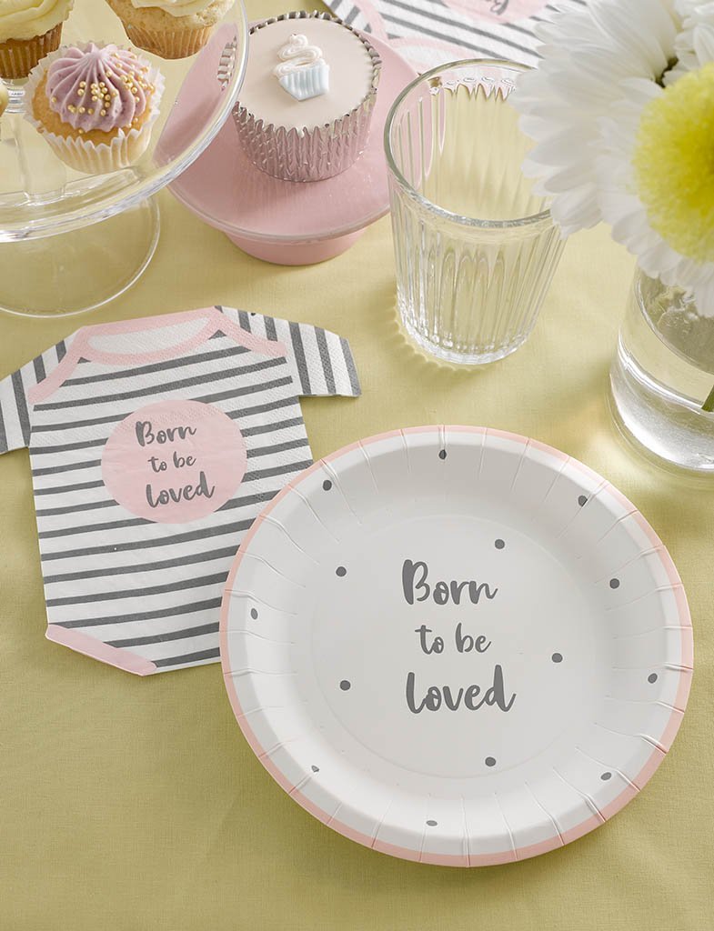 Born To Be Loved <br> Pink Plates (12) - Sweet Maries Party Shop