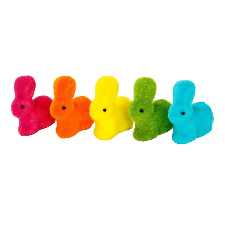 Bright Rainbow <br> Flocked Bunnies (5) - Sweet Maries Party Shop