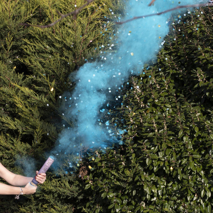 Gender Reveal Smoke Cannon <br> Blue with Confetti - Sweet Maries Party Shop