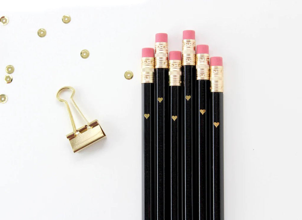 Gold Heart Full Length Pencils <br> Black - Sweet Maries Party Shop