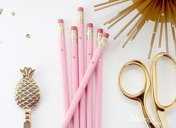 Gold Heart Full Length Pencils <br> Pink - Sweet Maries Party Shop