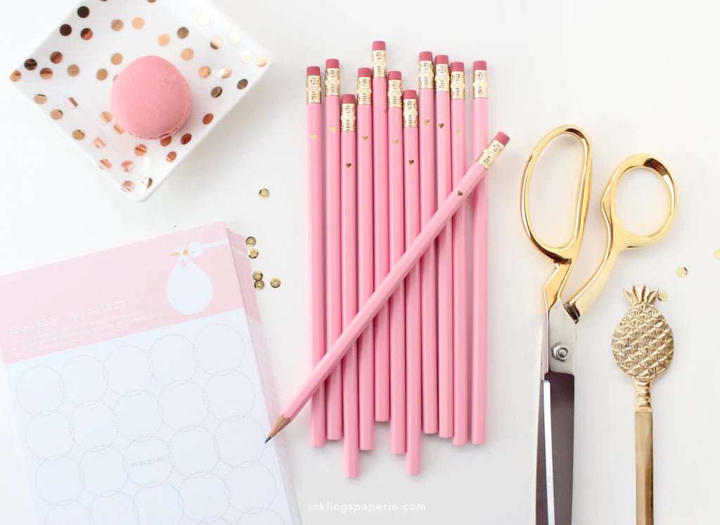 Gold Heart Full Length Pencils <br> Pink - Sweet Maries Party Shop