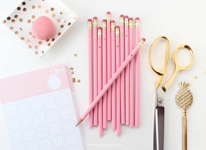 Gold Heart Full Length Pencils <br> Pink - Sweet Maries Party Shop