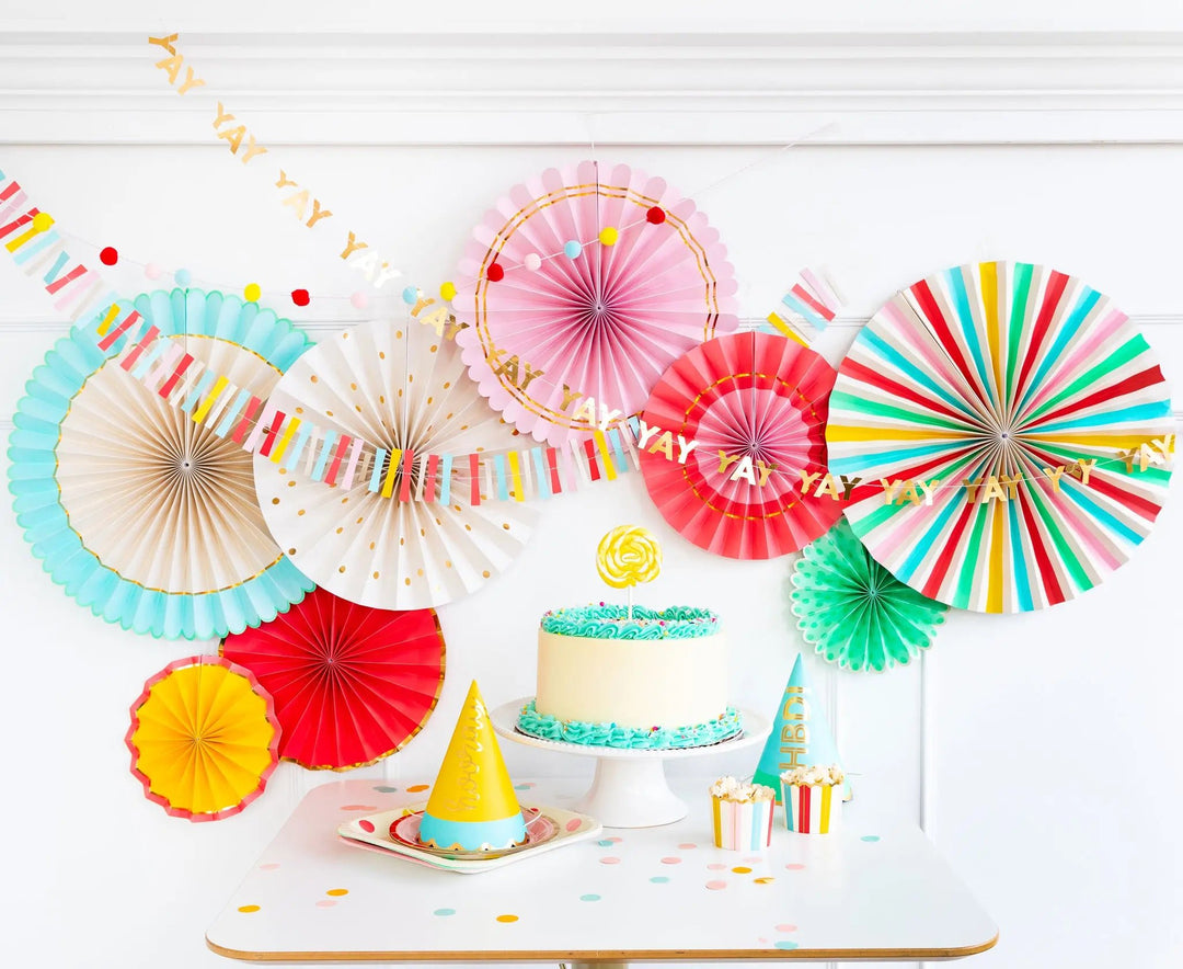 Hip Hip Hooray <br> Bright Striped Party Fan <br> Backdrop Set (8pc) - Sweet Maries Party Shop