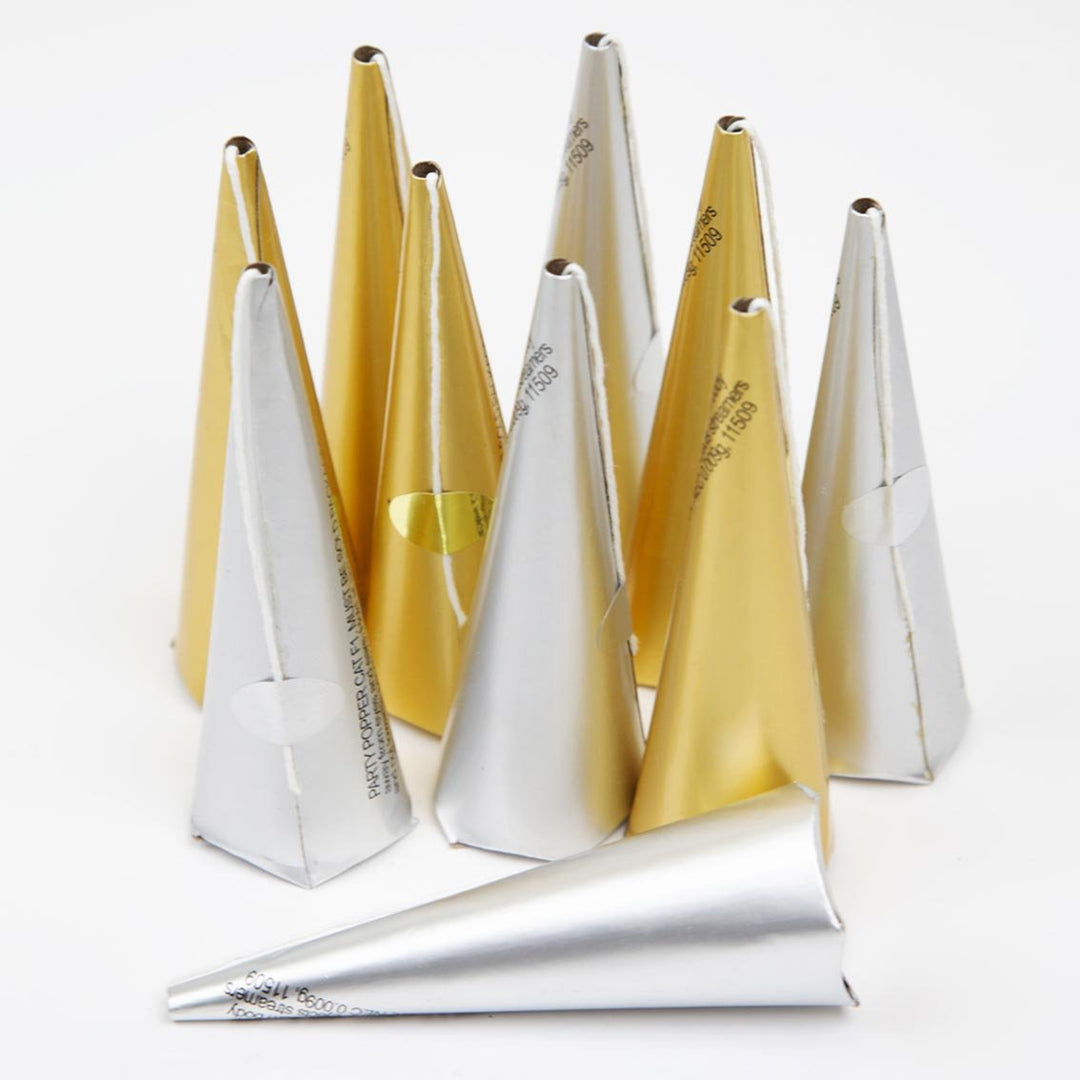 Metallic Silver & Gold <br> Party Poppers (10) - Sweet Maries Party Shop