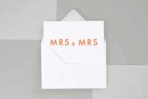 Mrs & Mrs, Foil Blocked Card <br> In Neon Orange & White - Sweet Maries Party Shop