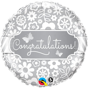 Silver Flowers & Butterflies <br> Congratulations Balloon - Sweet Maries Party Shop