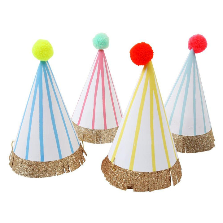 Stripe Pom Pom <br> Party Hats (8) - Sweet Maries Party Shop