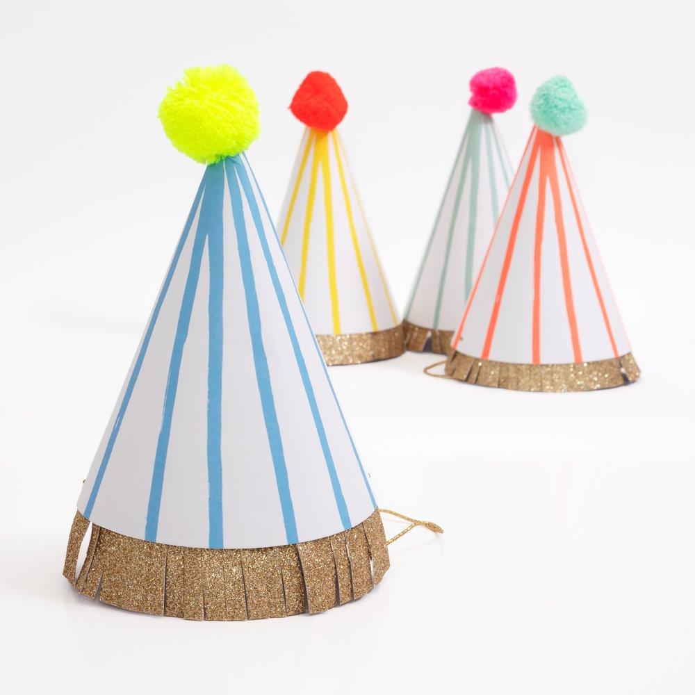 Stripe Pom Pom <br> Party Hats (8) - Sweet Maries Party Shop